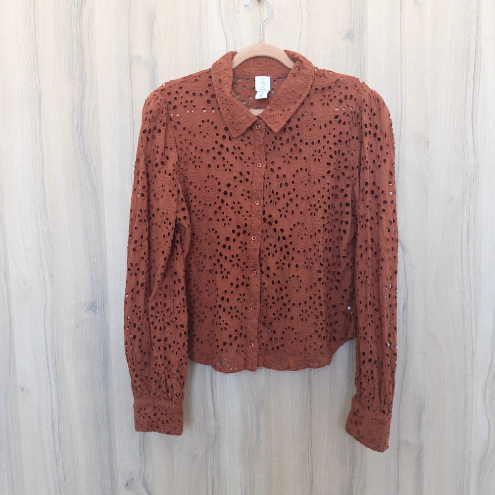 Joie Womens Eyelet Blouse XL Rust Orange‎ Cotton Western Cottage Boho Earthy